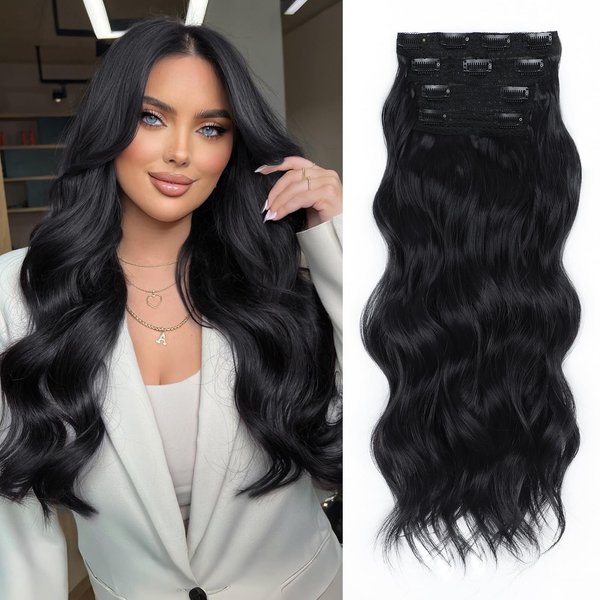 ALXNAN Hair Extensions, 4PCS Clip in Hair Extensions,14 Inches Black Long Wavy Natural Soft Synthetic Hairpieces for Women
