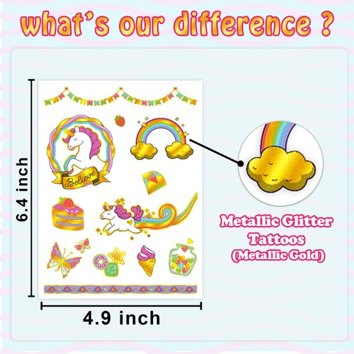 Partywind Metallic Glitter Party Decorations for Girls, Cute Temporary Tattoos Stickers for Kids Party Supplies Favors, Birthday Games Toys (6 Sheets)