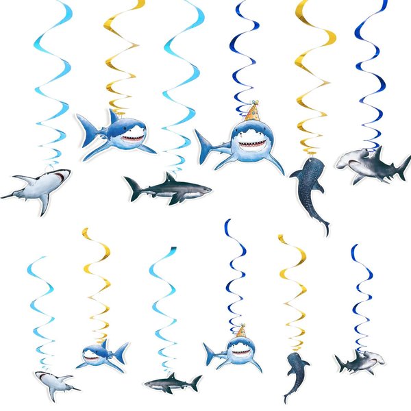 WERNNSAI Shark Party Hanging Swirls – 24 PCS Shark Party Supplies Birthday Decorations for Boys Ocean Shark Themed Party Baby Shower Ceiling Decor
