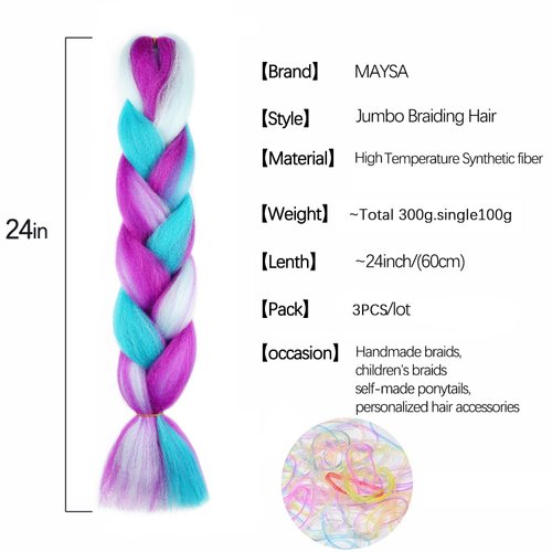 MAYSA Colorful Pre Stretched Braiding Hair Extensions,Rainbow mix Braiding Hair,24inch 3Pcs Synthetic Color Hair for Braiding #Pink-deep purple-blue-green