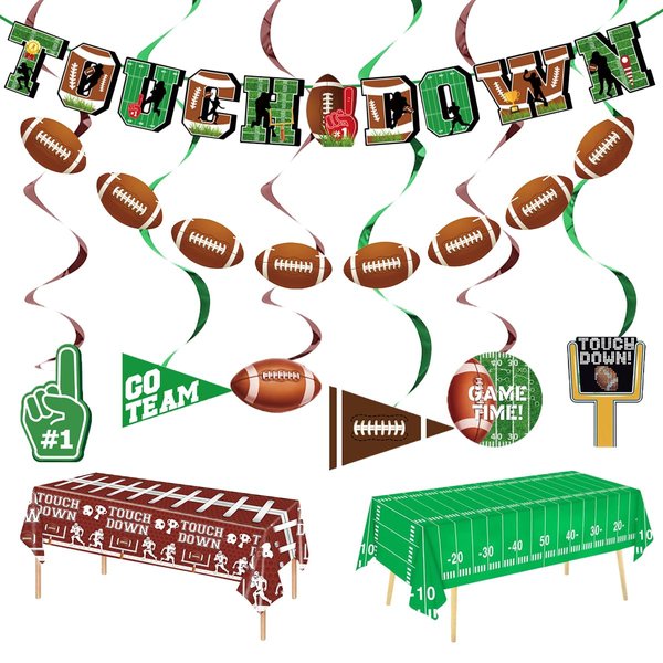 Football Party Supplies Set, 10Pcs Football-Themed Party Decorations Disposable Football Party Hanging Swirl Banners Tablecloth Perfect for Sports Theme Birthday Parties Game Day Tailgate Celebrations