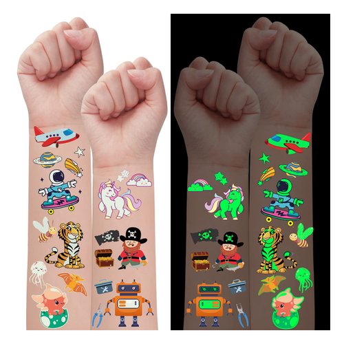 PARTYWIND Luminous Temporary Tattoos for Kids, Waterproof Fake Tattoos Stickers with Dinosaur Mermaid Pirate Construction for Boys and Girls, Birthday Party Decorations Supplies Favors