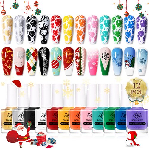 Born Pretty Nail Stamping Polish, Christmas Fingernail Stamp Polish Set Manicure Print Nail Polish for Plates 12 Colors Bulk Gift Collection 10ml 0.34fl oz Ideal Gifts