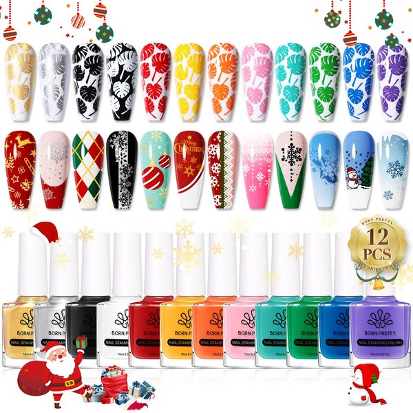 Born Pretty Nail Stamping Polish, Christmas Fingernail Stamp Polish Set Manicure Print Nail Polish for Plates 12 Colors Bulk Gift Collection 10ml 0.34fl oz Ideal Gifts