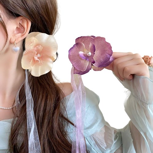 4 Pcs Artificial Flower Hair Clip With Ribbon, Simulated Butterfly Orchid Flower Bohemian Hawaiian Hairpin claw clip Headdress for Seaside Holiday, Birthday, Wedding Hair Accessories