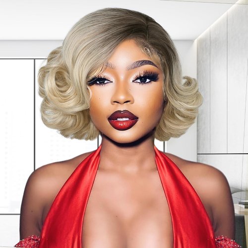 HANNE Short Curly Wigs for Black Women Side Part Ombre color Root Lace Part Short Wigs Curly Heat Resistant Loose Wave Black Women Wigs (Ombre Blonde)