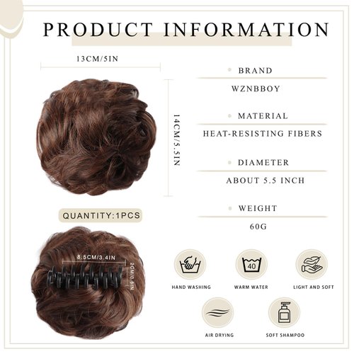 Claw Clip Messy Bun Hair Piece Curly Wavy Faux Hair Bun Extensions Synthetic Chignon Tousled Updo Hair Scrunchie Claw Clip Ponytail Hairpieces for Women（#Black Mix Medium Brown）