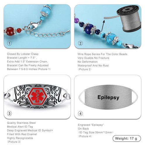 MAXZOOL EPILEPSY Medical Alert Bracelets for Men Women | Medical Alert Disease Awareness Bracelet with Colorful Beads | Adjustable Medical ID Bracelet with Stainless Steel ID Tag 7.5-9.0 Inches