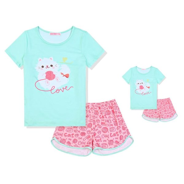 Girls&Doll Matching Pajamas Summer Cat Pjs Sets 18-inch Dolls Night Shirts,Size 8 9