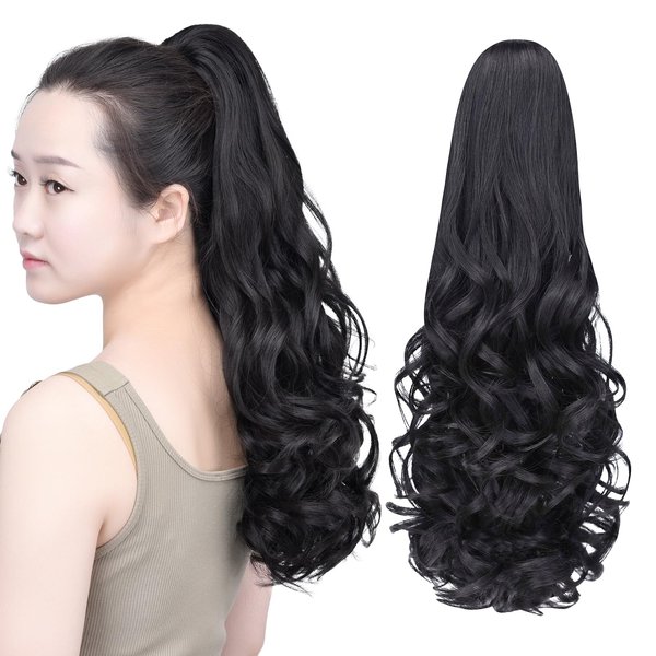 SYXLCYGG Black Claw Clip Ponytail Synthetic Fake Pony tails Hair Extensions 20" Wavy 5.3 OZ Like Real Hair piece Women Easy To Use Yaki Fluffy