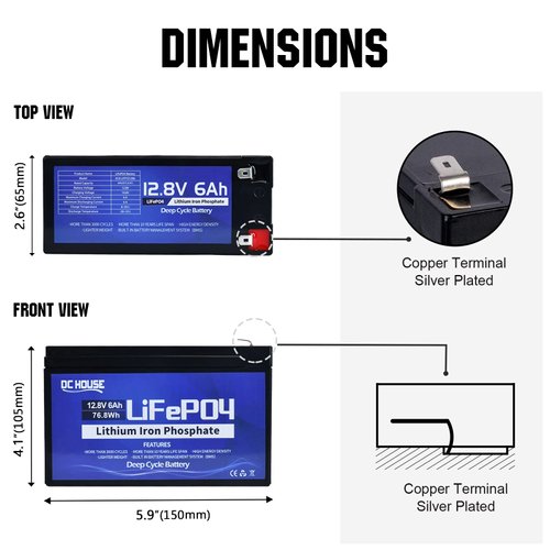 DC HOUSE 12V 6Ah Rechargeable LiFePO4 Lithium Iron Phosphate Battery with 3000+ Times Deep Cycles and BMS Protection for Fish Finder, Power Wheels, Scooter, Light, Kids Car,UPS
