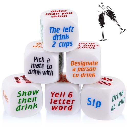 Hanaive 6 Pcs Party Drinking Bar Dice Game Resha Roulette Drinking Games Bachelorette Party Game for Adults White Elephant Gift Wedding Graduation Birthday (Basic Dice, White)