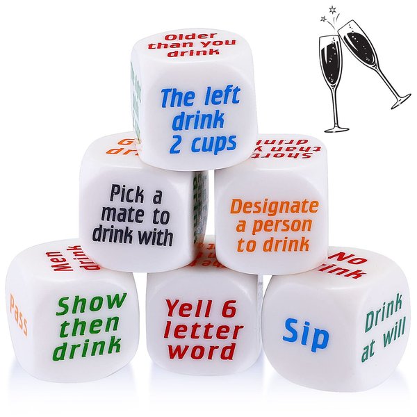 Hanaive 6 Pcs Party Drinking Bar Dice Game Resha Roulette Drinking Games Bachelorette Party Game for Adults White Elephant Gift Wedding Graduation Birthday (Basic Dice, White)