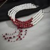 Jumwrit Vintage Layered Pearl Choker Necklace Chunky Chain Multi Strand Pearl Beaded Necklace Rhinestone Crystal Tassel 4 Tier Halloween Vampire Necklace Statement Accessories for Women (Red)