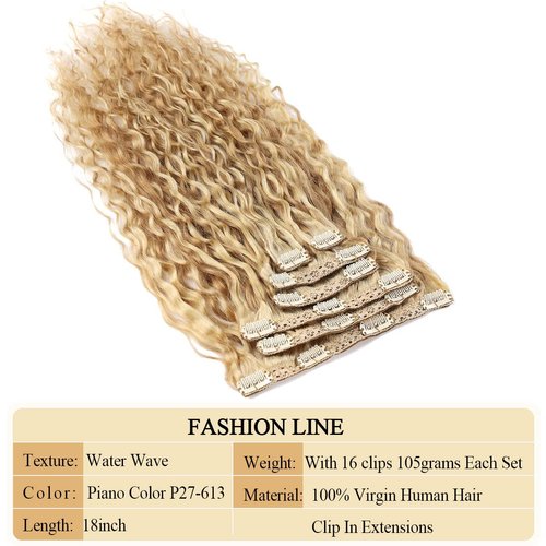 FASHION LINE Brazilian P27-613 Water Wave Blonde Human Hair Extensions Unprocessed Human Hair Bundles Weft 1PC 100g Piano Color (18" 100G Clip In Human Hair P27-613)
