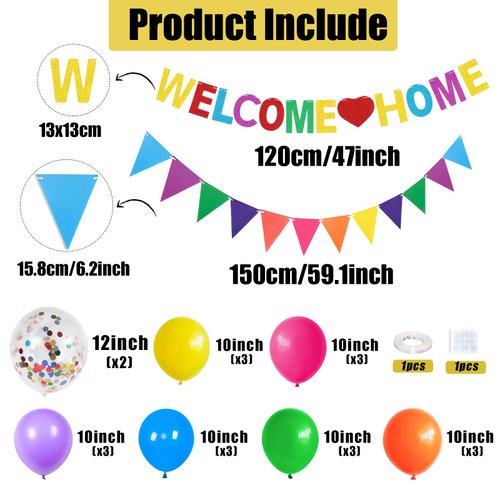 Welcome Home Decorations,Color Welcome Home Balloons Banners Set,Rainbow Welcome Home Glitter Banner with Confetti Balloons,Pennant Flag Bunting for Home Family Baby Shower Welcome Back Party Supplies