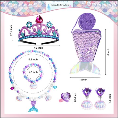 Koeilay Mermaid Jewelry Set for Girls Mermaid Crown Fake Pearl Necklace Bracelet Purse Ring Shell Earrings Mermaid Accessories Princess Dress Up Pretend Play Mermaid Party Decorations Christmas Gifts
