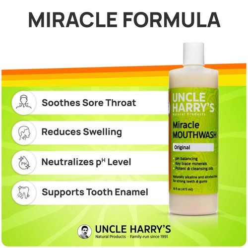 Uncle Harry's Natural Alkalizing Miracle Mouthwash | Adult & Kids Mouthwash for Bad Breath | pH Balanced Oral Care Mouth Wash & Mouth Rinse (16 fl oz)