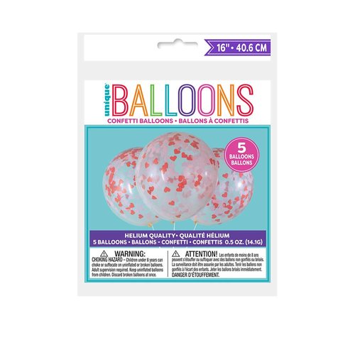 Clear Latex Balloons With Pre-Filled Heart-Shaped Confetti, 16" (5 Pcs.) - Vibrant Design, Perfect for Weddings, Birthdays, Valentines Day, Events, & Celebrations