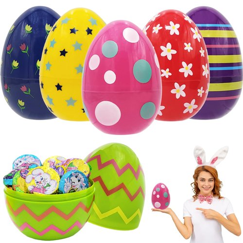 Chochkees Jumbo Painted Fillable Easter Eggs Colorful Plastic Easter Eggs, Perfect for Easter Egg Hunt, Surprise Egg, Easter Hunt, Assorted Colors, 6" Giant Painted Fillable Easter Eggs (12-Pack)