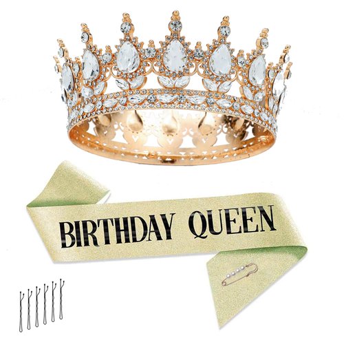 Xuwerikel Crown for Women Birthday Queen Sash & Rhinestone Tiara Set Birthday Decoration Rhinestone Headband Glitter Crystal Hair Accessories Wedding Crystal Bridal Crown (Gold White Crown+sash, s)