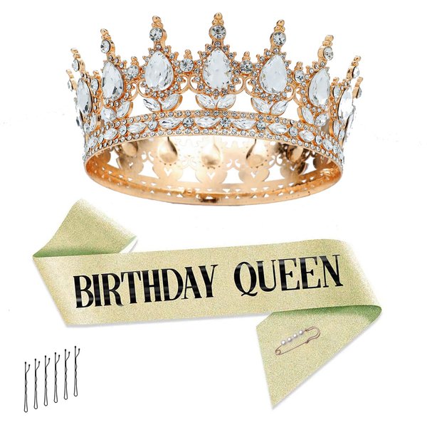 Xuwerikel Crown for Women Birthday Queen Sash & Rhinestone Tiara Set Birthday Decoration Rhinestone Headband Glitter Crystal Hair Accessories Wedding Crystal Bridal Crown (Gold White Crown+sash, s)