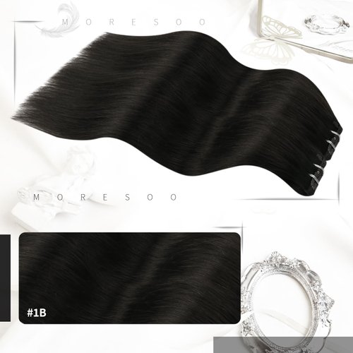 Moresoo Clip on Hair Extensions Human Hair Black 10inch Short Hair Extensions Clip in Human Hair Natural Black Clip in Hair Extensions Off Black #1B 5Pieces 70Grams