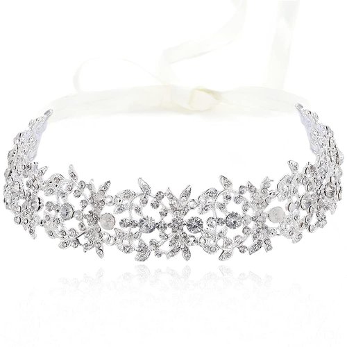 BABEYOND Bridal Rhinestone Headband Wedding Headpiece for Bride Crystal Hair Accessories Vine Hairband with Lace Ribbon (Style-3-Silver)