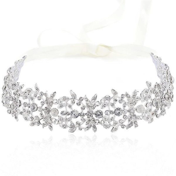 BABEYOND Bridal Rhinestone Headband Wedding Headpiece for Bride Crystal Hair Accessories Vine Hairband with Lace Ribbon (Style-3-Silver)