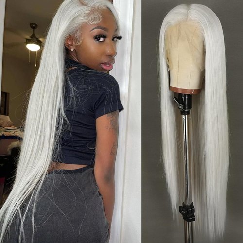QD-Udreamy 13x6 Lace Front Wigs, Platinum Grey Lace Front Wig Long Straight Wigs for Women Middle Part Glueless Straight Hair Pre Plucked with Hairline Synthetic Lace Front Wig For Black Women 26 Inch