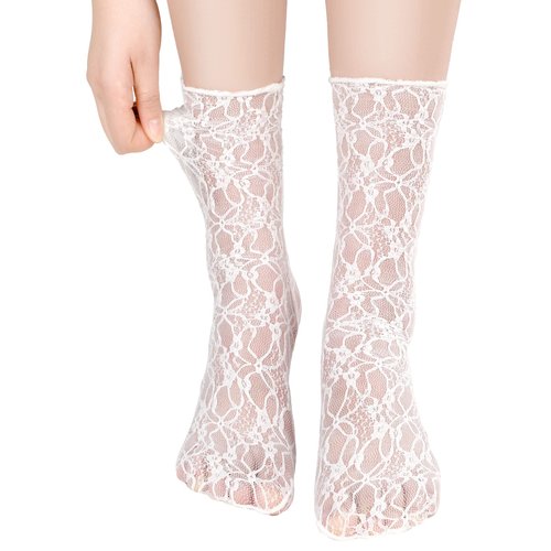 Geyoga 4 Pairs Women's Lace Ankle Socks Ruffle Frilly Socks Mesh Lace Loose Socks Slouch Socks Ankle High Socks for Women(White, Apricot, Medium)