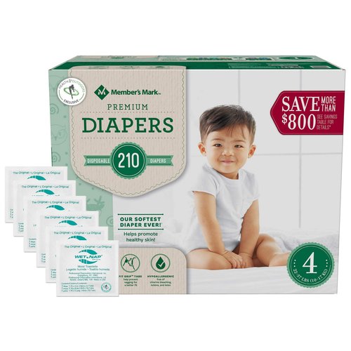 HAO M Mark Premium Baby Diapers - Size 4 (22-37 lbs) 210 Count W/Moist Towelettes