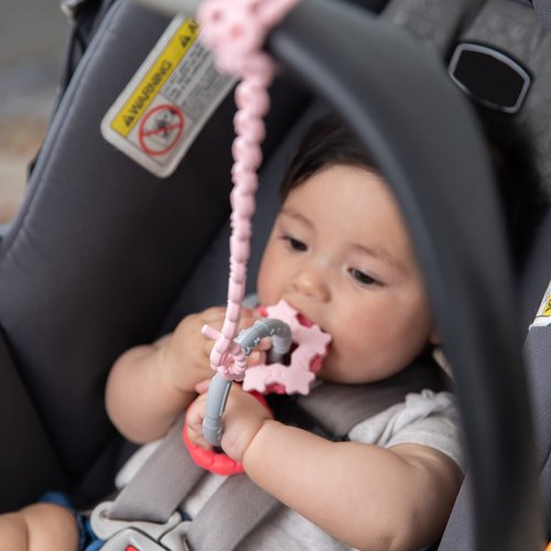 Bumkins Pacifier Clip Feeding Supplies for Baby Girl or Boy, Toy Straps for Sippy Cup, Teether, Stroller Accessories, Platinum Silicone Accessory Tether Leash, Safe for Teething Babies, Pink