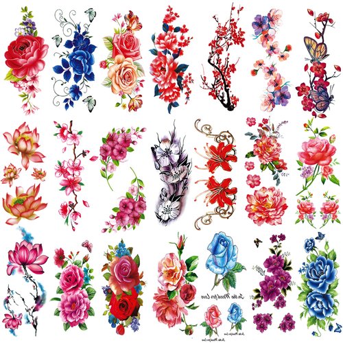 Kotbs Temporary Flower Tattoos, 21-Sheet Bright Sexy Floar Tattoo Stickers, Various Tattoo Flower Peony Rose Temporary Tattoos for Women Girls