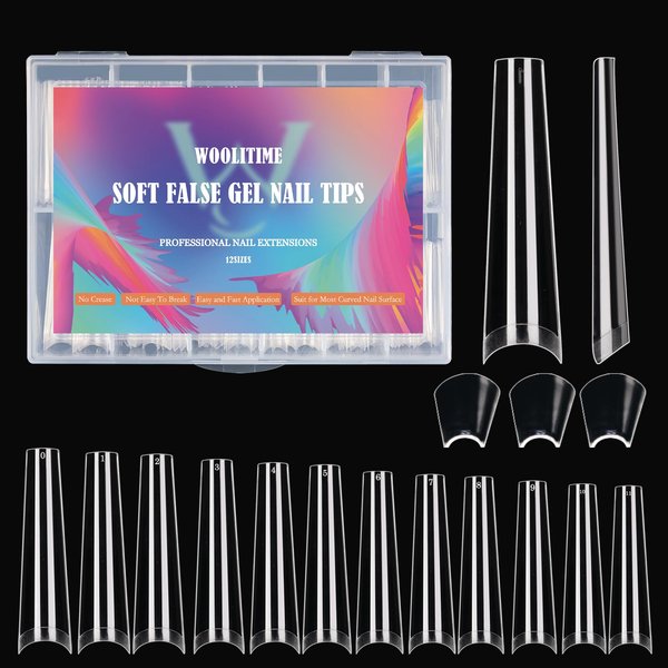 Woolitime Clear Nail Tips Coffin Half Cover Gel x No C Curve Nails Tips with 120pcs, XXL Straight Long coffin Nail Tips para uñas for Acrylic Fake Nails Art Salon Home DIY with Box