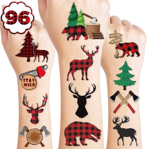 100PCS Lumberjack Temporary Tattoos Theme Woodland Camping Hunting Birthday Party Favors Decorations Supplies Buffalo Plaid Bears Tattoo Sticker Gifts For Boys Girls School Prizes Carnival Christmas