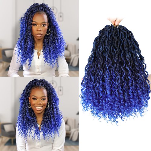 New Goddess Locs Crochet Hair 8 Packs 12inch Blue River Faux Locs Crochet Hair Boho Faux Locs Wavy Crochet Curly Hair with Curly Ends Synthetic Hair Extensions (12" 8Packs T1B/Blue#)
