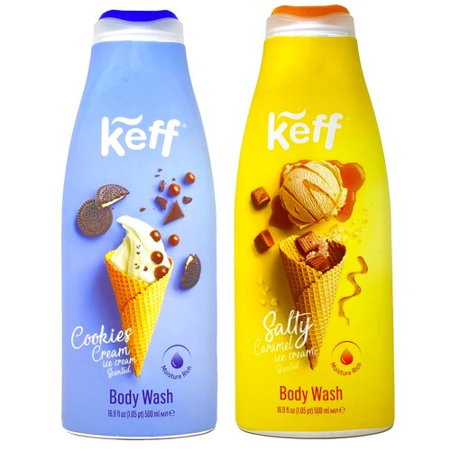 Keff Creamy Dessert Body Wash – Product of Israel, Moisturizing Body Wash with Shea Butter, Vitamin E, and Aloe Vera 16 Ounce (Pack of 2) (Salty Caramel and Cookies & Cream)