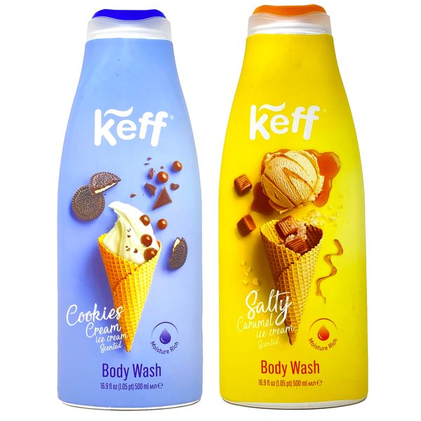 Keff Creamy Dessert Body Wash – Product of Israel, Moisturizing Body Wash with Shea Butter, Vitamin E, and Aloe Vera 16 Ounce (Pack of 2) (Salty Caramel and Cookies & Cream)
