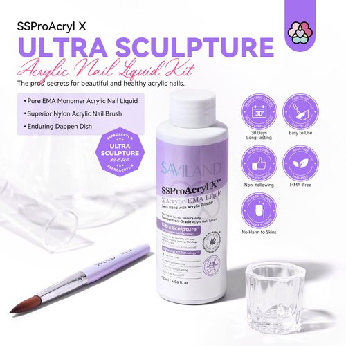 SAVILAND EMA Monomer Acrylic Nail Liquid: 4 oz Acrylic Liquid Monomer for Acrylic Nails Extension with 12# Acrylic Nail Brush Dappen Dish for Beginners DIY at Home Professional Nail Salon Use