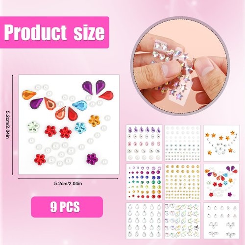 9 Sheets Face Gemstone Stickers, Multi-Style Self Adhesive Rhinestones Face Diamonds Gems Jewels Colorful Rhinestone Embellishment Stickers for Makeup Party Festival