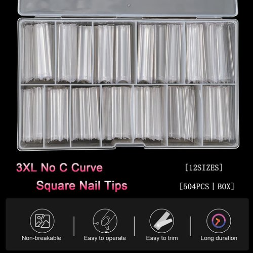 504Pcs No C Curve 3XL Extra Long Square Nail Tips for Acrylic Nails Professional, SWETIDY Clear Straight Flattened Half Cover False Nails Tips with Case for Nail Salons and Home DIY, 12 Sizes