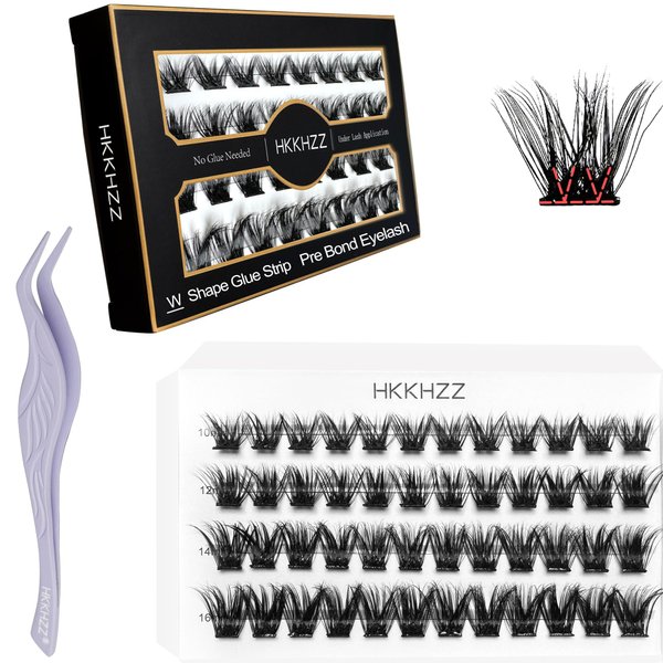 Self Adhesive Eyelashes No Glue Lash Clusters, HKKHZZ Press-on Lashes 10/12/14/16mm Individual Lash Extension Kit with Lash Tweezers, Self-adhesive False Eyelashes Natural DIY Eyelash Extension Kit