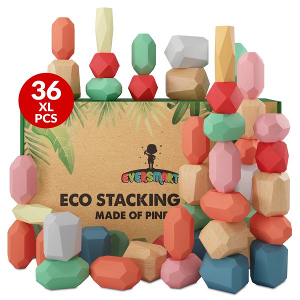 EVERSMART 36 Pcs Wooden Stacking Blocks – Montessori Toys for 1 2 3 4 5 6 Year Old Toddlers and Kids, XL Rocks, No Choking Hazard – Sensory STEM Building Stones, for Girls and Boys