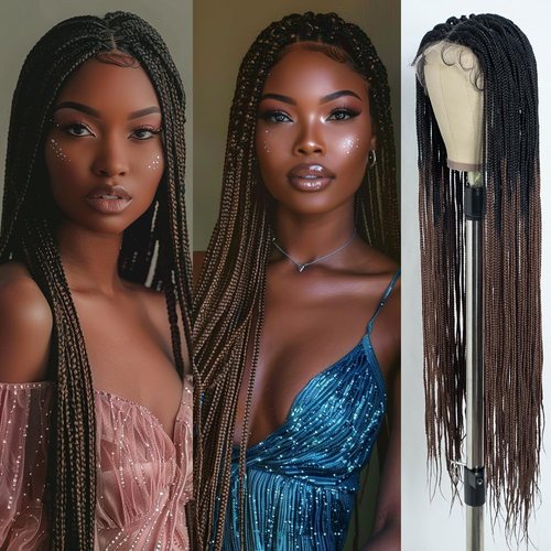 Style Icon 42 Inches Full Lace Micro Box Braids Wig Ombre Blonde Super Long Braided Wig Top Faux Locs Synthetic Wigs