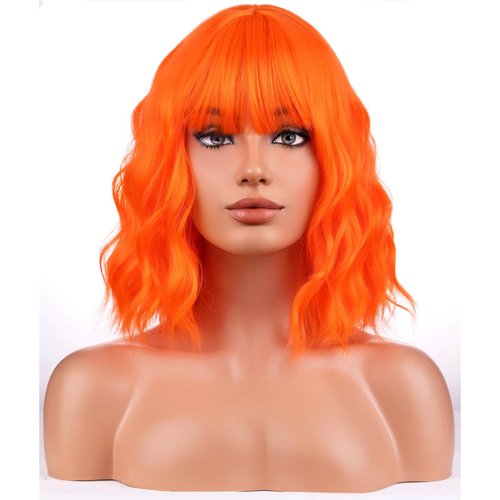 BERON Orange Wigs for Women Short Curly Girls Neon Orange Wig Womens Bright Colored 12" Wavy Bob Heat Resistant Synthetic Hair Wig with Wig Cap