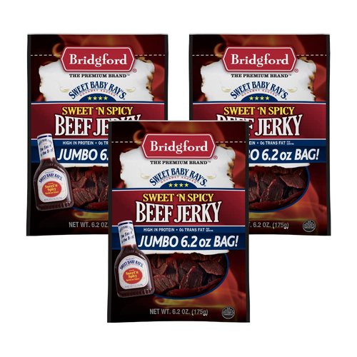 Bridgford Sweet Baby Ray's High Protein Beef Jerky, Low Carb Snack, Low Calorie, Keto Friendly, Sweet N Spicy Flavor, 6.2 oz (Pack of 3)