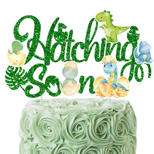 Dinosaur Hatching Soon Cake Topper Dinosaur Baby Shower Decorations Green Glitter Dinosaur Theme Cake Pick for Dino Theme Gender Reveal It's A Boy Party Supplies