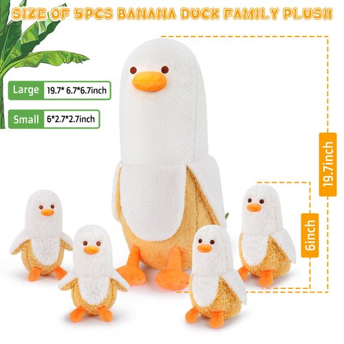 Auspicious beginning 5 PCS Banana Duck Plush Stuffed Animal Family, 20'' Cute Banana Duck Mommy with 4 Baby Banana Duck Plushies Kawaii Banana Duck Plush Toy Birthday Gifts for Kids Boys Girls