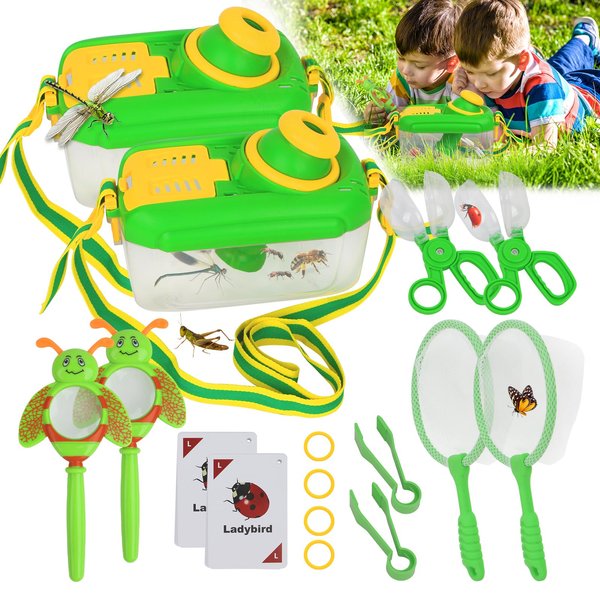 QuadPro Bug Catcher Kit for Kids - 2 Sets, Bug Catching Kit Includes Butterfly Net, Tweezers, Insect Clamp, Magnifying Glass & Learning Cards, Outdoor Toys for Children Ages 3-8 (Special Edition)